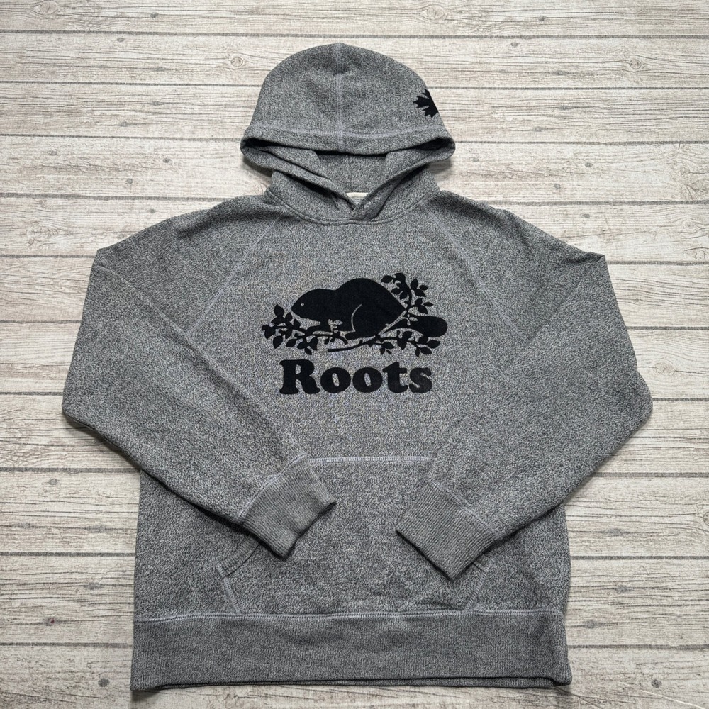 Roots Canada Hoodie Men's Small Gray Salt and Pepper Beaver Logo Raglan Pullover